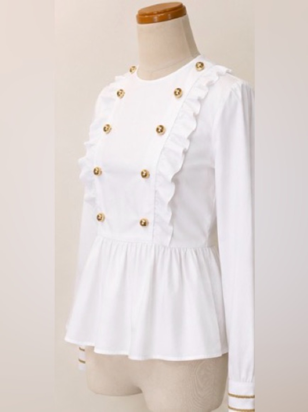 🆕 [Pinko] White Cotton Ruffle Peplum Gold Button Blouse IT 40 S Made in Italy - Picture 3 of 13